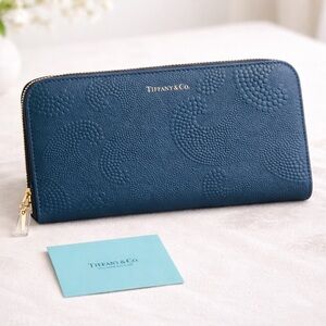 NWT Tiffany & Co. Leather Zip Wallet – Deep Teal Blue Wave Embossed Pattern